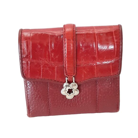 Brighton Red Croco Leather Flap Wallet Square Bifold Travel Wallet Compact - Picture 1 of 8